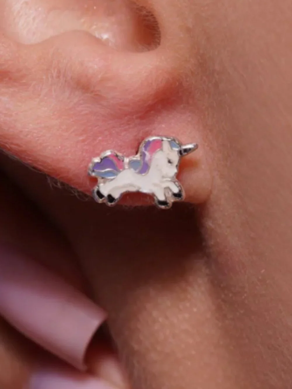 Sterling Silver 925 High Polished Enamel Jumping Unicorn Screw Stud Earrings